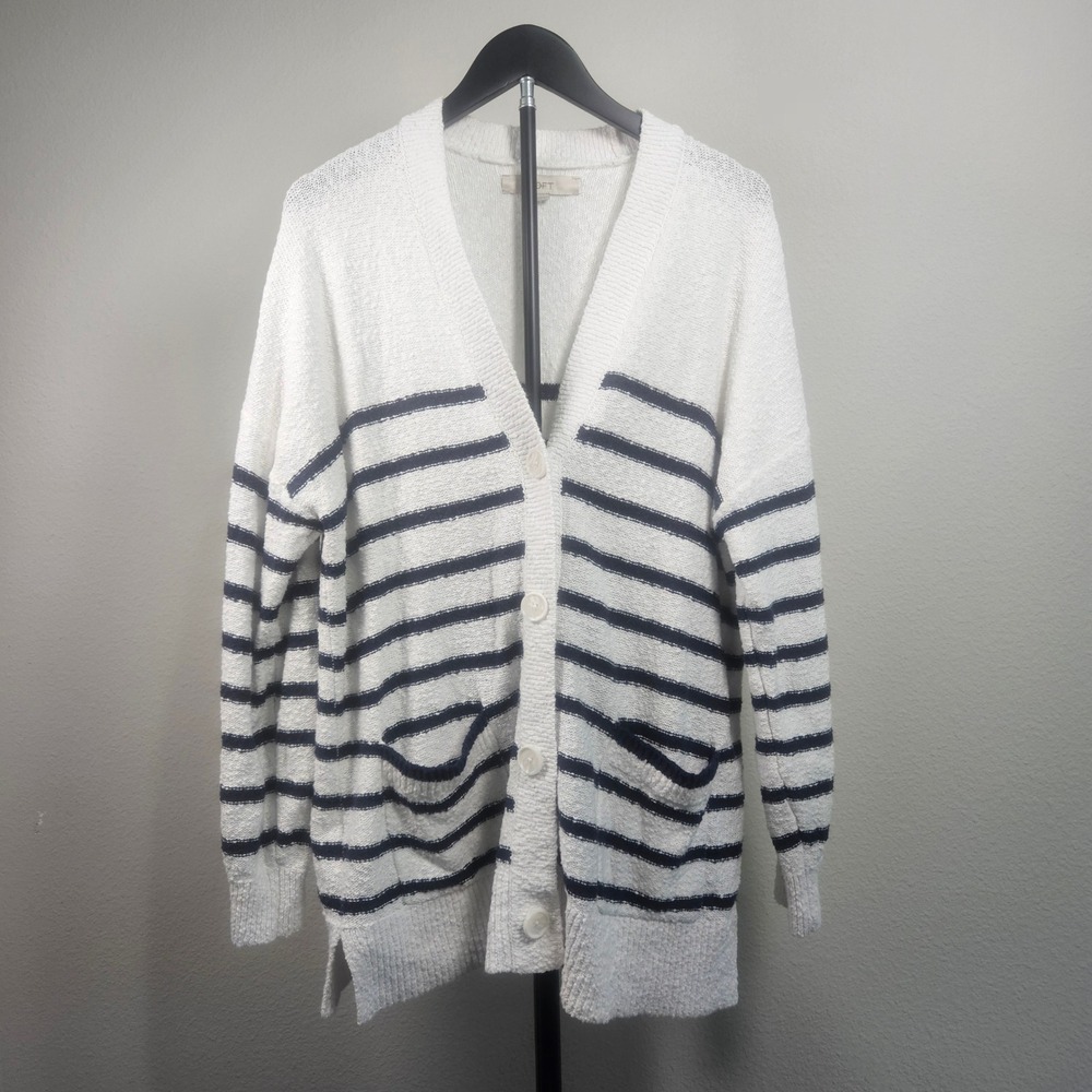 LOFT Cardigan Sweater Womens L White Blue Striped Cotton Nautical Coastal